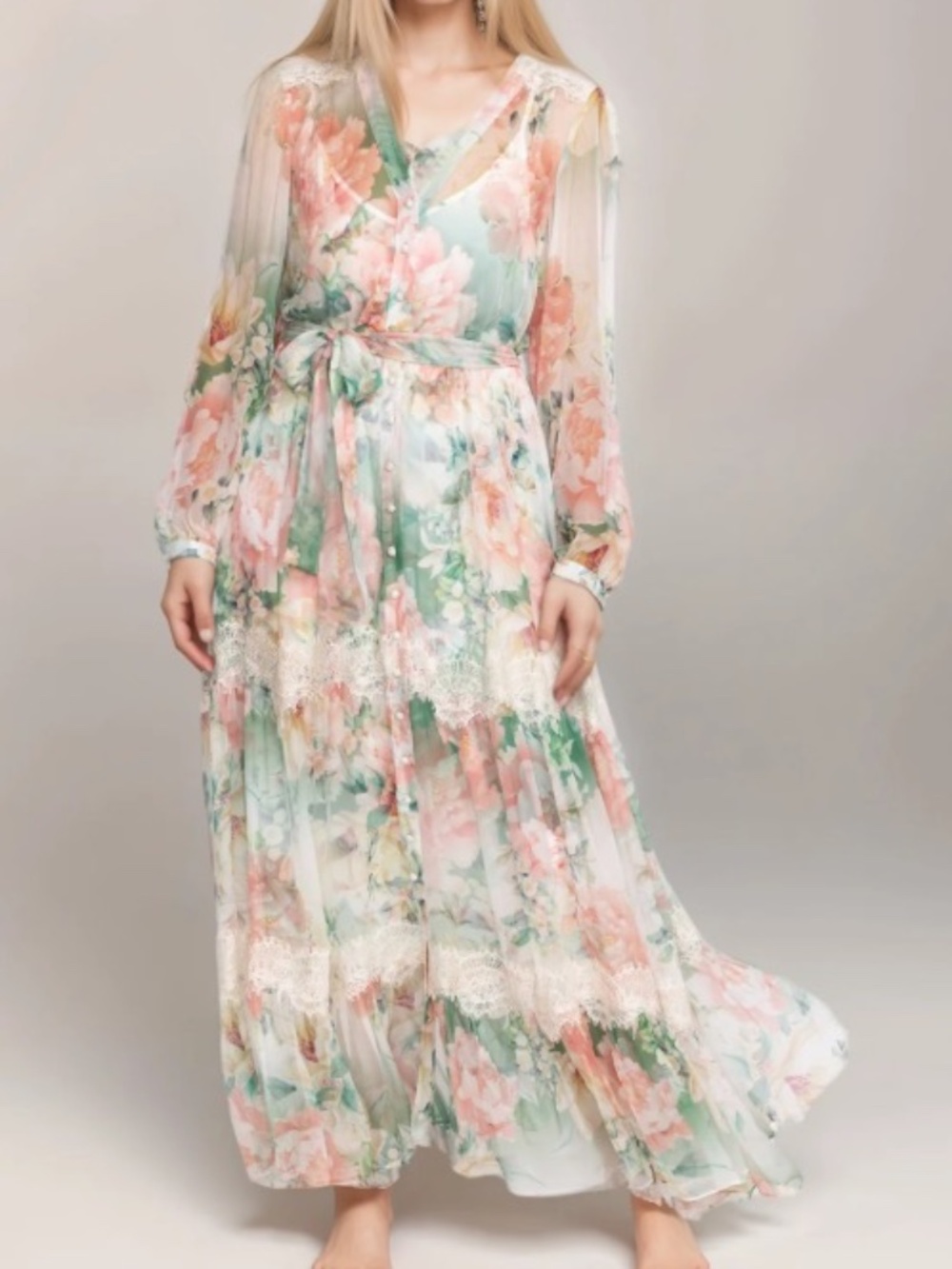 JOHNNY WAS Ruksana Lace Trim Silk V-Neck Button-Front Tiered Maxi Dress Sm $550